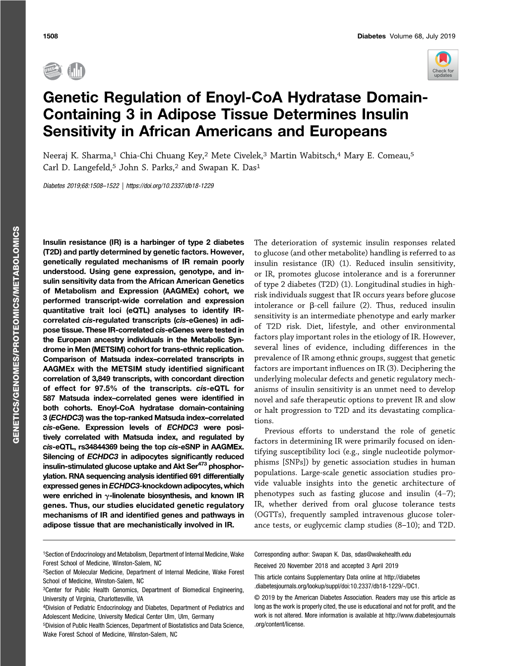 Genetic Regulation of Enoyl-Coa Hydratase Domain- Containing 3 in Adipose Tissue Determines Insulin Sensitivity in African Americans and Europeans