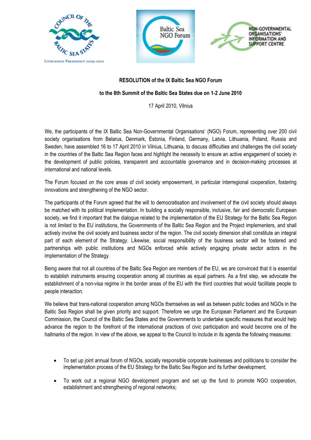 RESOLUTION of the IX Baltic Sea NGO Forum to The