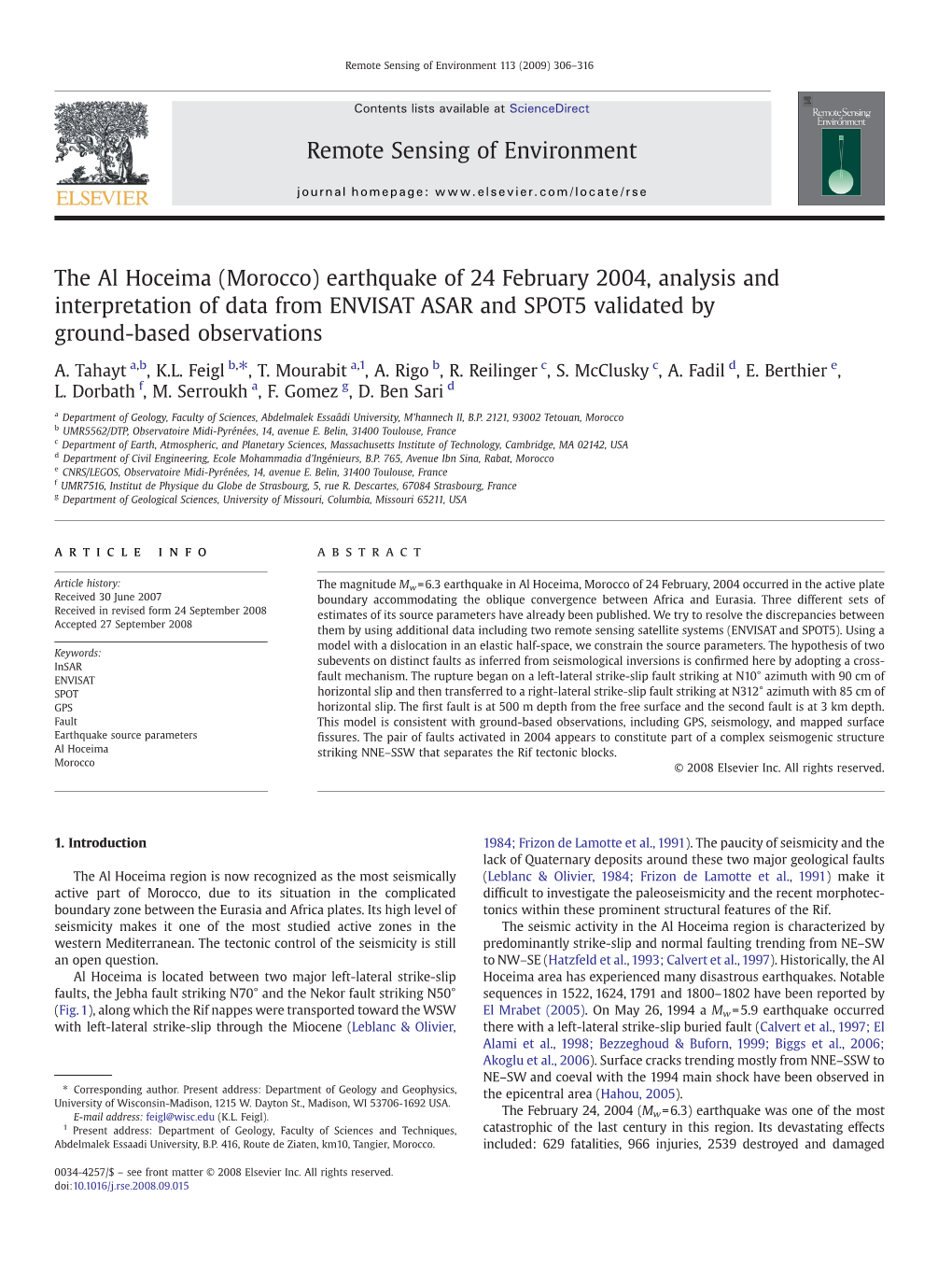 The Al Hoceima (Morocco) Earthquake of 24 February 2004, Analysis and Interpretation of Data from ENVISAT ASAR and SPOT5 Validated by Ground-Based Observations