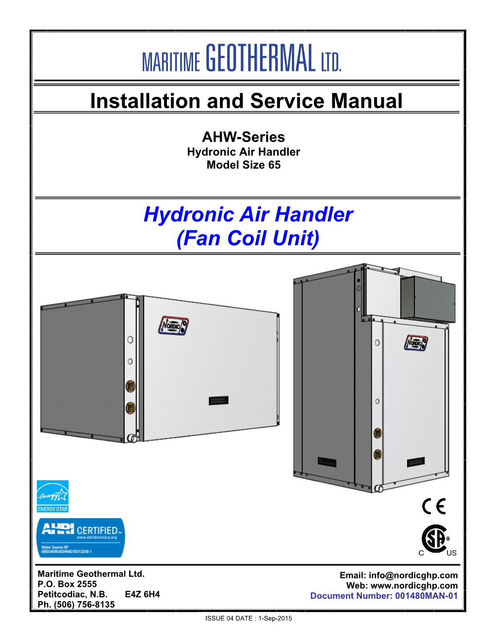 Hydronic Air Handler (Fan Coil Unit) Installation and Service Manual