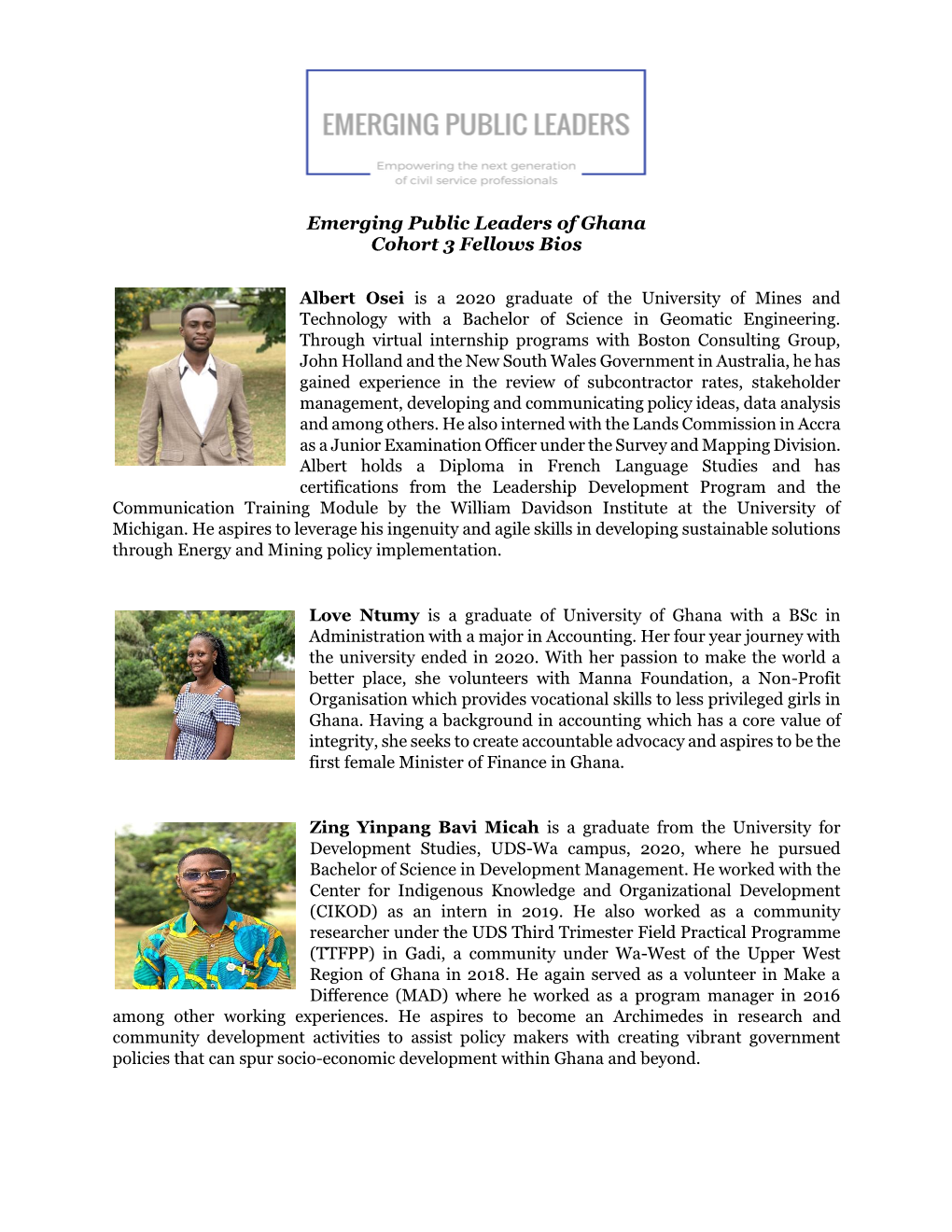 Emerging Public Leaders of Ghana Cohort 3 Fellows Bios