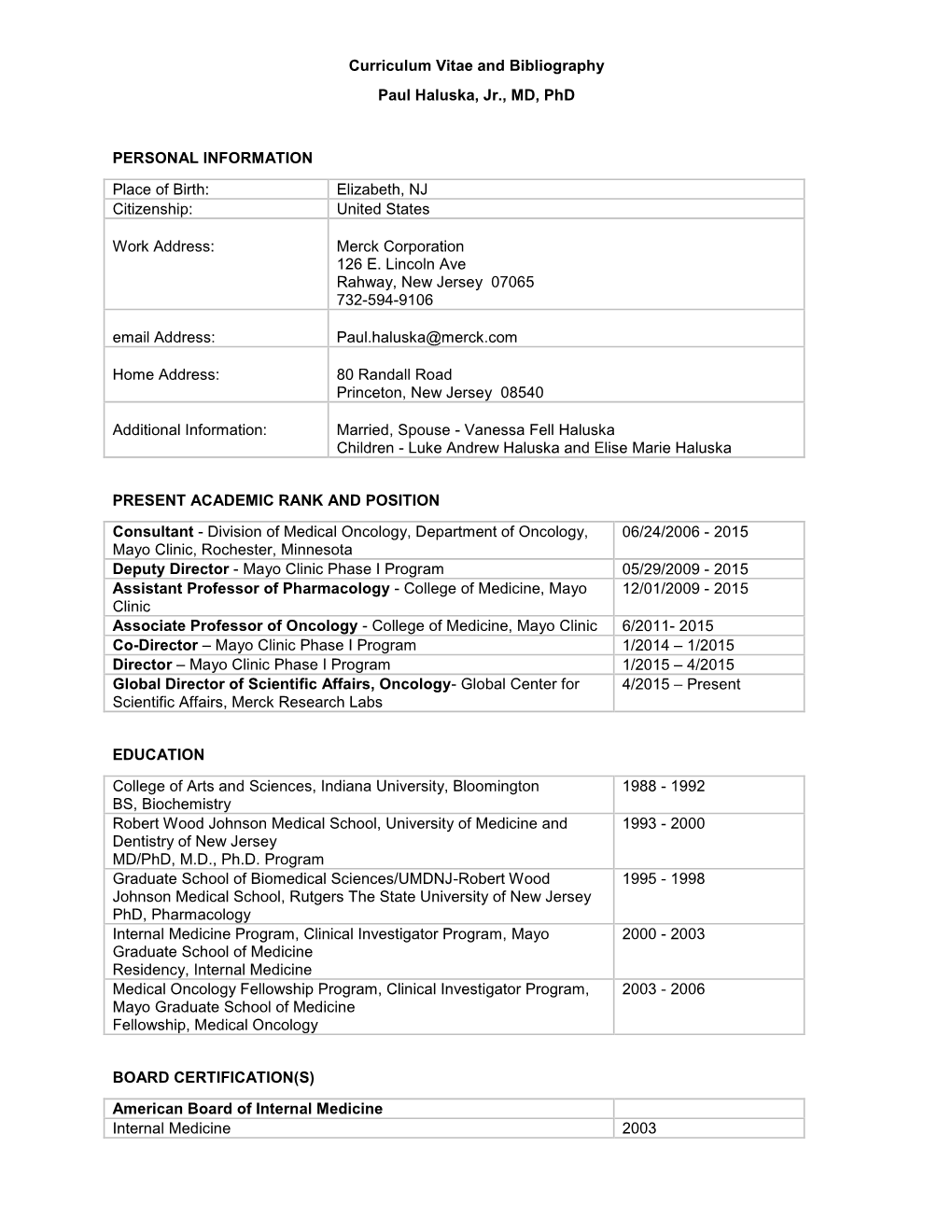 Curriculum Vitae and Bibliography Paul Haluska, Jr., MD, Phd