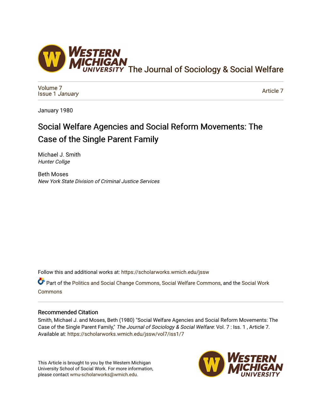 Social Welfare Agencies and Social Reform Movements: the Case of the Single Parent Family