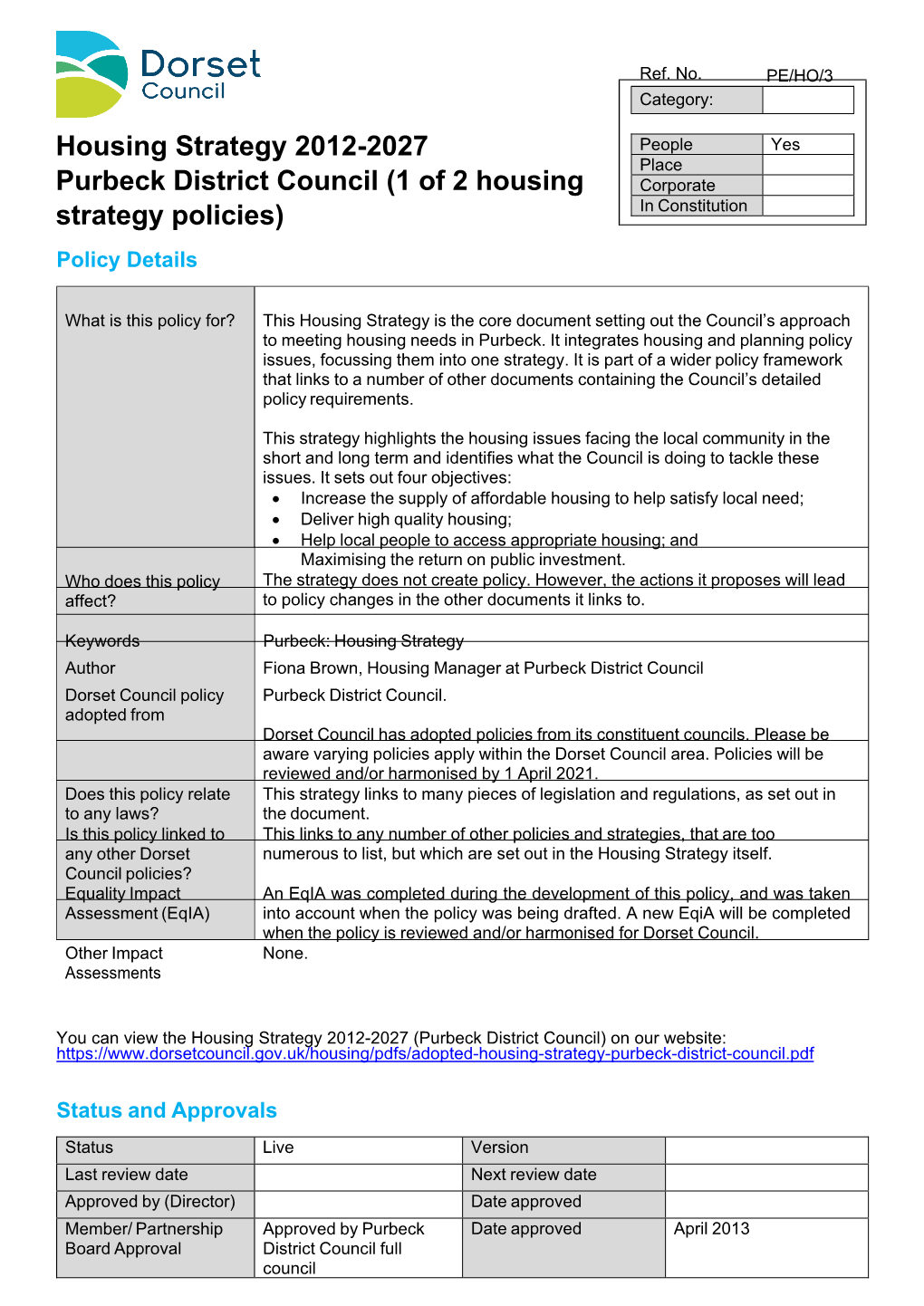 Housing Strategy 2012-2027 Purbeck District Council