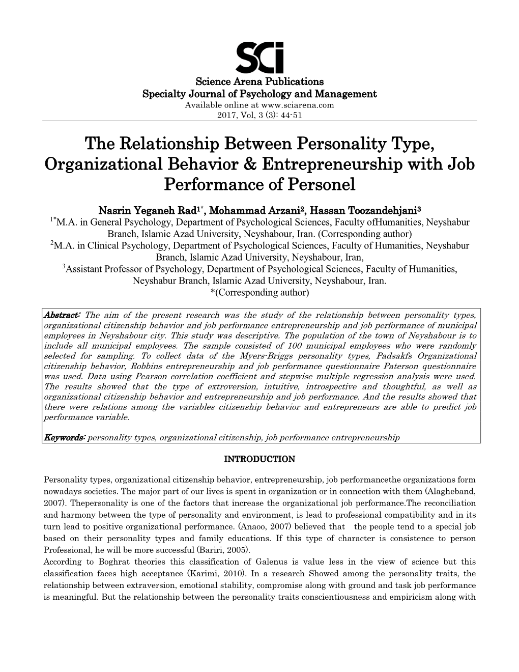 The Relationship Between Personality Type, Organizational Behavior & Entrepreneurship with Job Performance of Personel