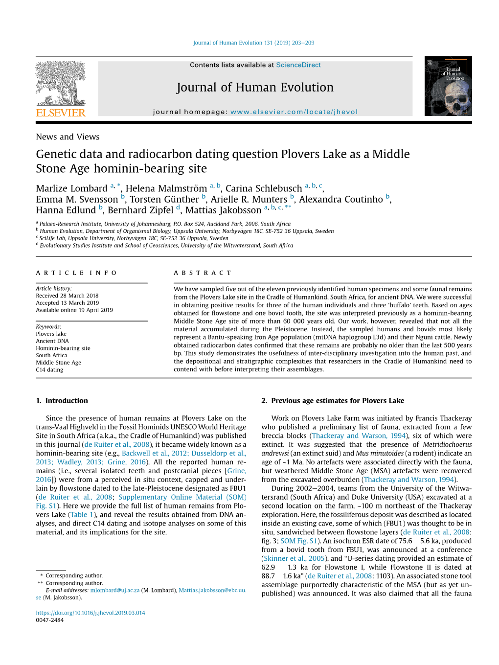 Genetic Data and Radiocarbon Dating Question Plovers Lake As a Middle Stone Age Hominin-Bearing Site