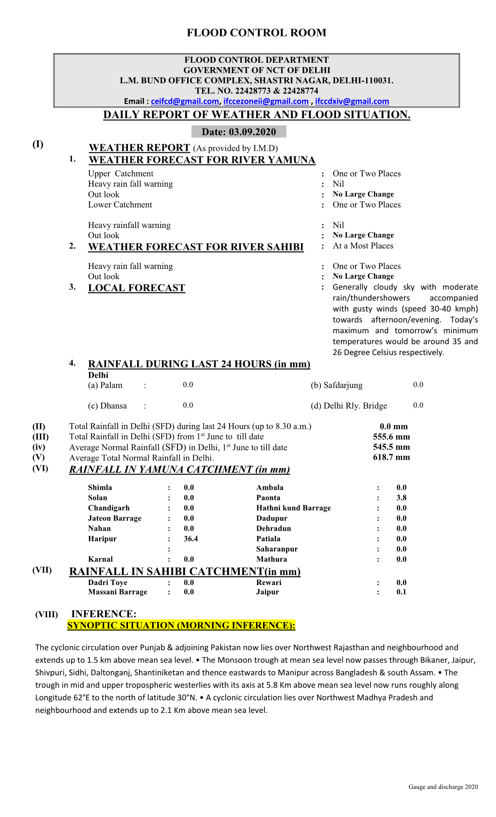 Flood Control Room Daily Report of Weather And