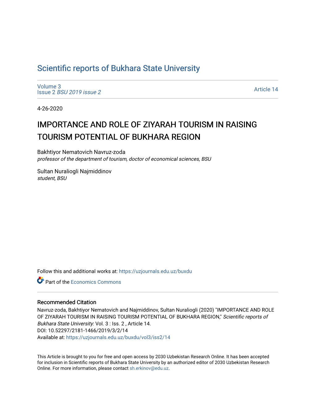 Importance and Role of Ziyarah Tourism in Raising Tourism Potential of Bukhara Region