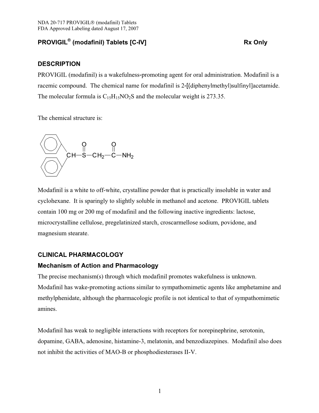 PROVIGIL® (Modafinil) Tablets FDA Approved Labeling Dated August 17, 2007