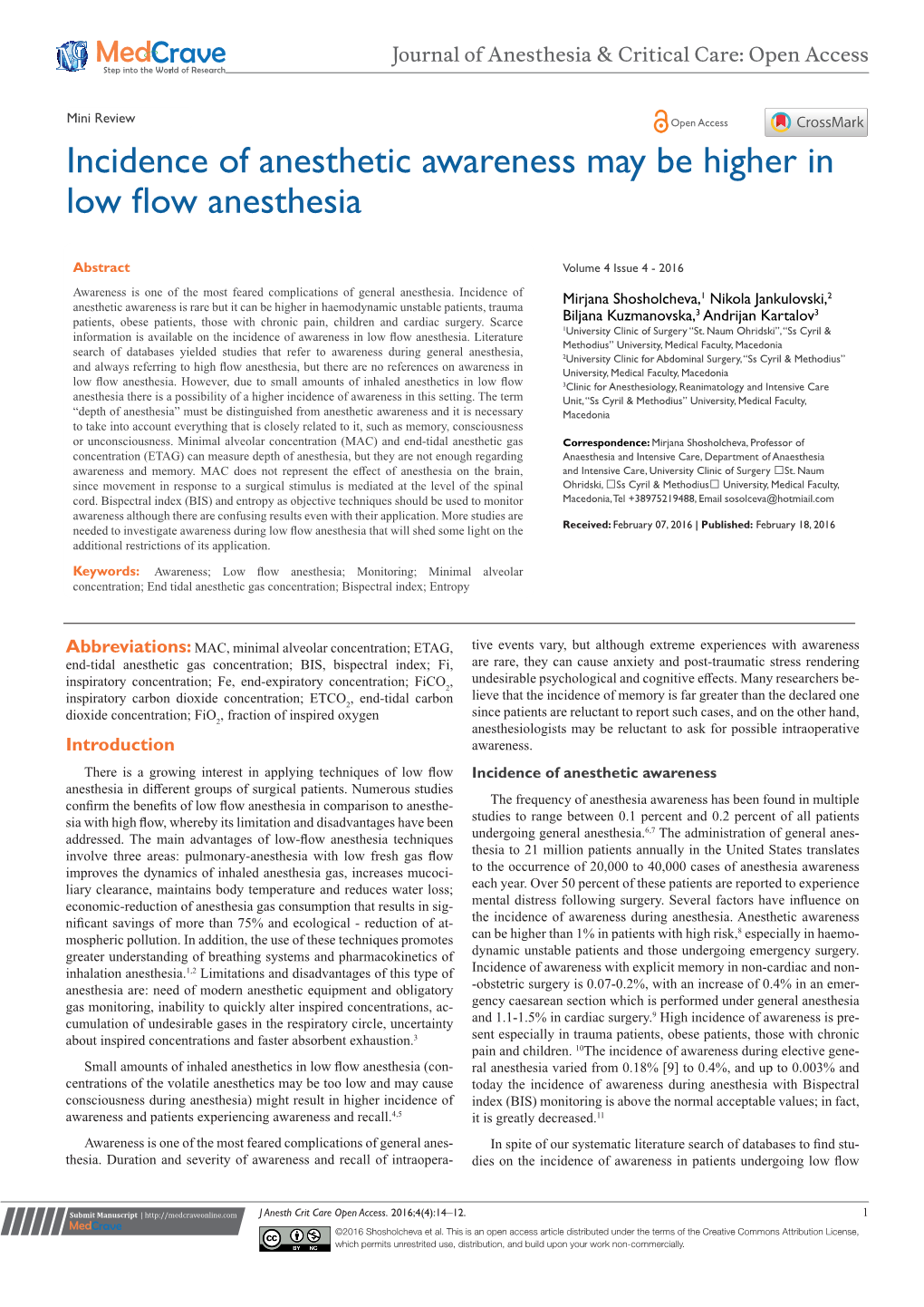 Incidence of Anesthetic Awareness May Be Higher in Low Flow Anesthesia