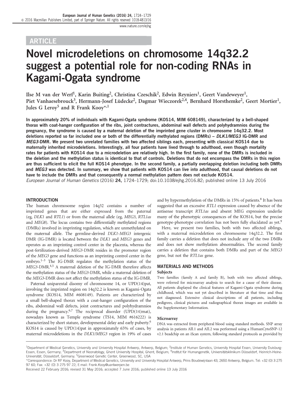 Novel Microdeletions on Chromosome 14Q32.2 Suggest a Potential Role for Non-Coding Rnas in Kagami-Ogata Syndrome