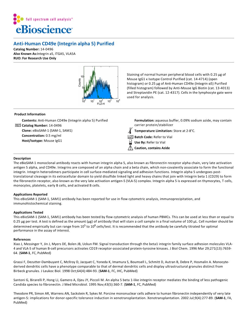 Anti-Human Cd49e (Integrin Alpha 5) Purified Catalog Number: 14‐0496 Also Known As:Integrin A5, ITGA5, VLA5A RUO: for Research Use Only