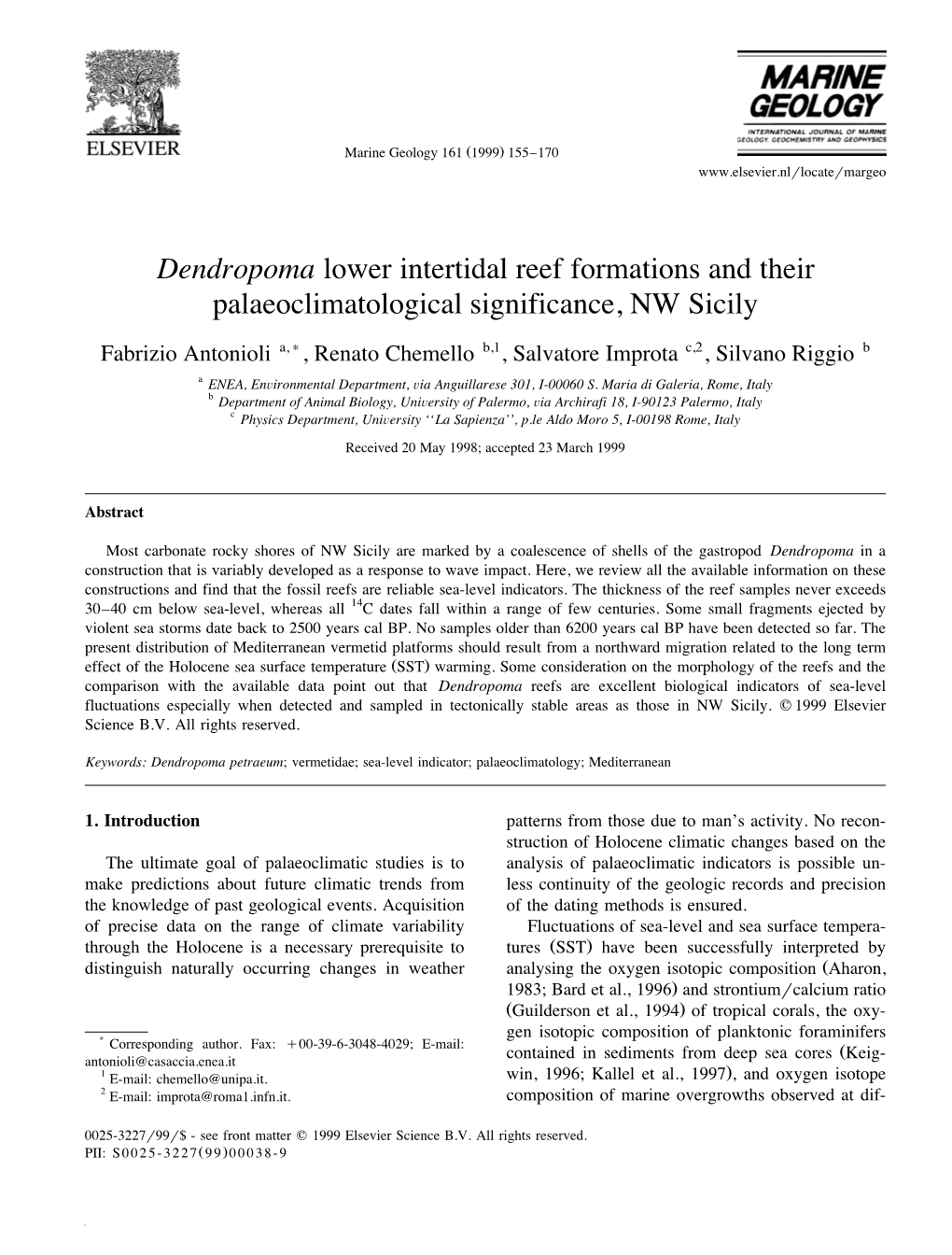 Dendropoma Lower Intertidal Reef Formations and Their Palaeoclimatological Significance, NW Sicily