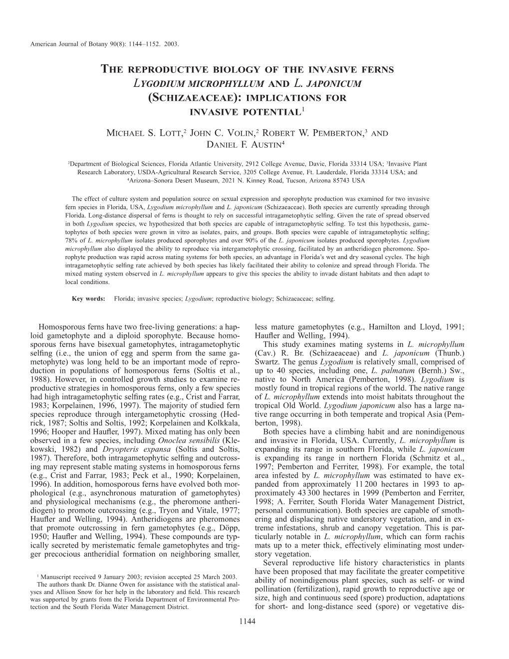 The Reproductive Biology of the Invasive Ferns Lygodium Microphyllum and L