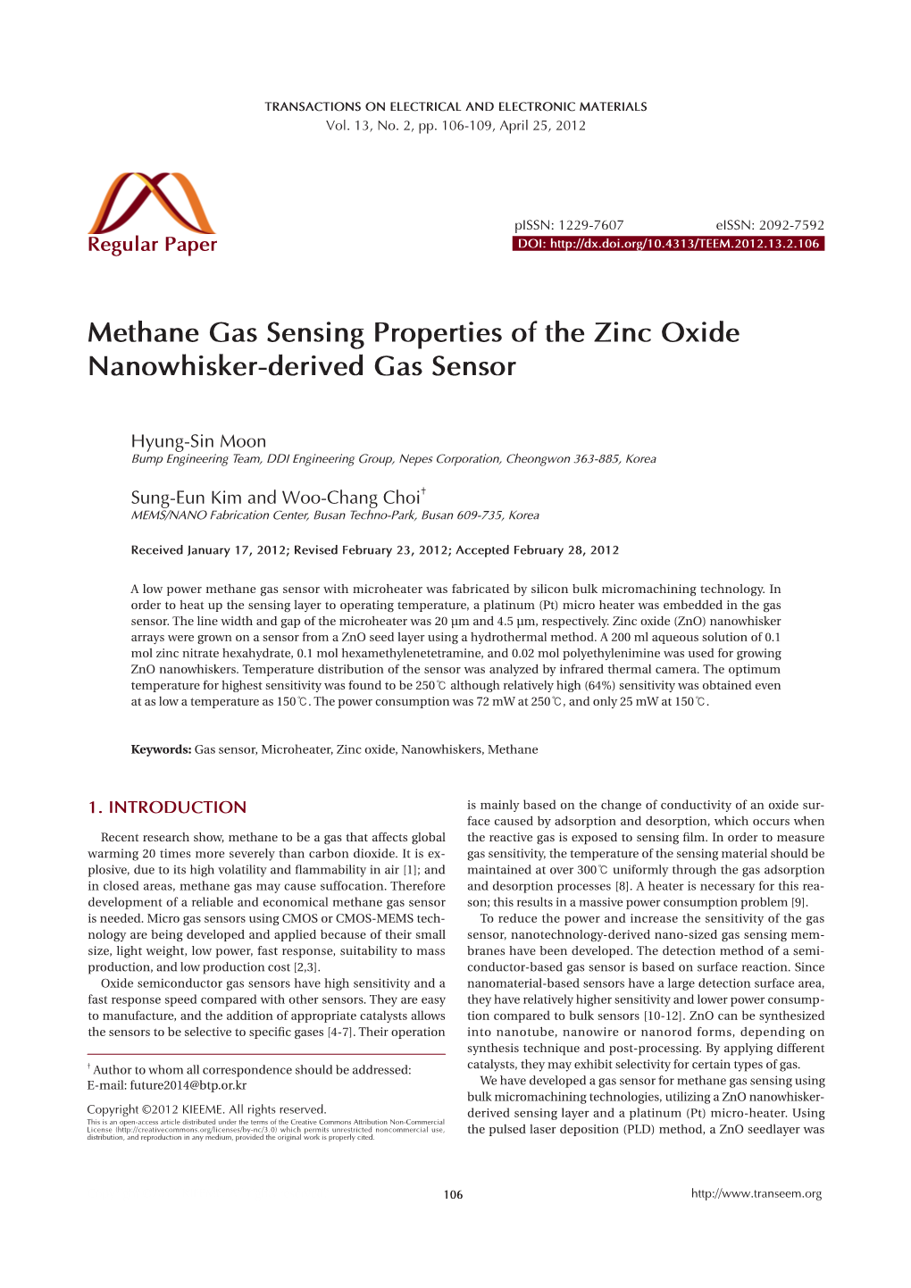 Methane Gas Sensing Properties of the Zinc Oxide Nanowhisker-Derived Gas Sensor