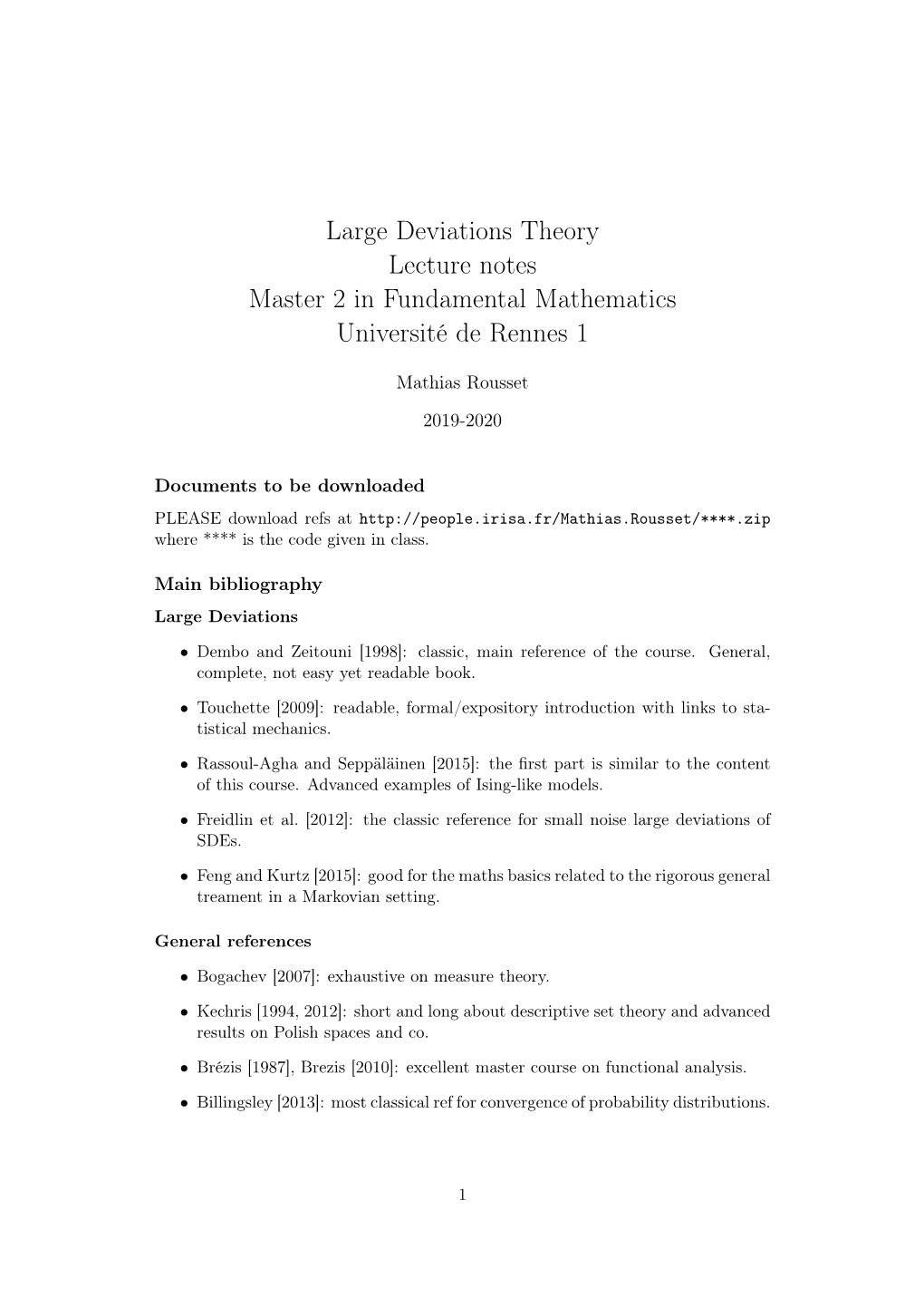 Large Deviations Theory Lecture Notes Master 2 in Fundamental Mathematics Université De Rennes 1