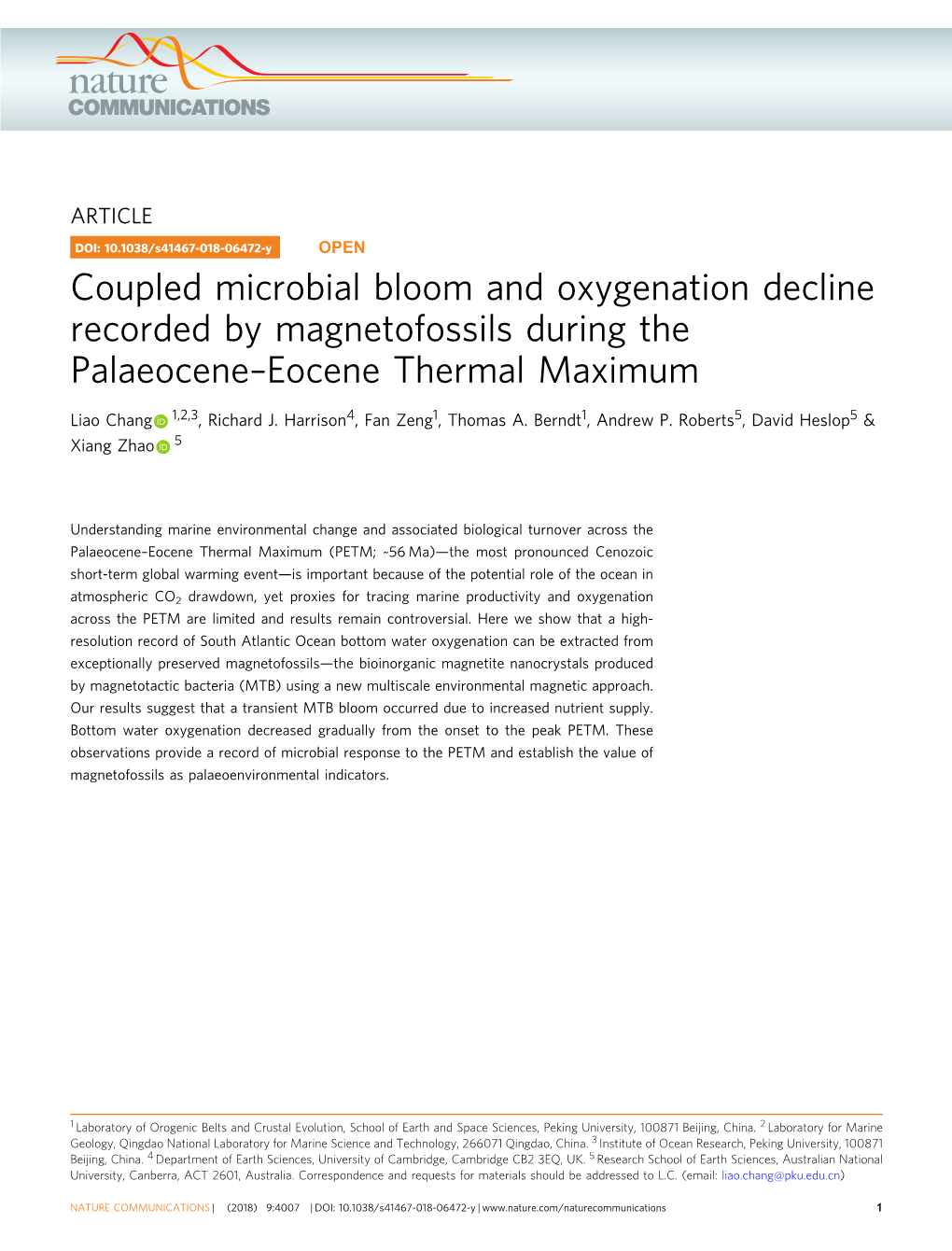 Coupled Microbial Bloom and Oxygenation Decline Recorded by Magnetofossils During the Palaeocene–Eocene Thermal Maximum