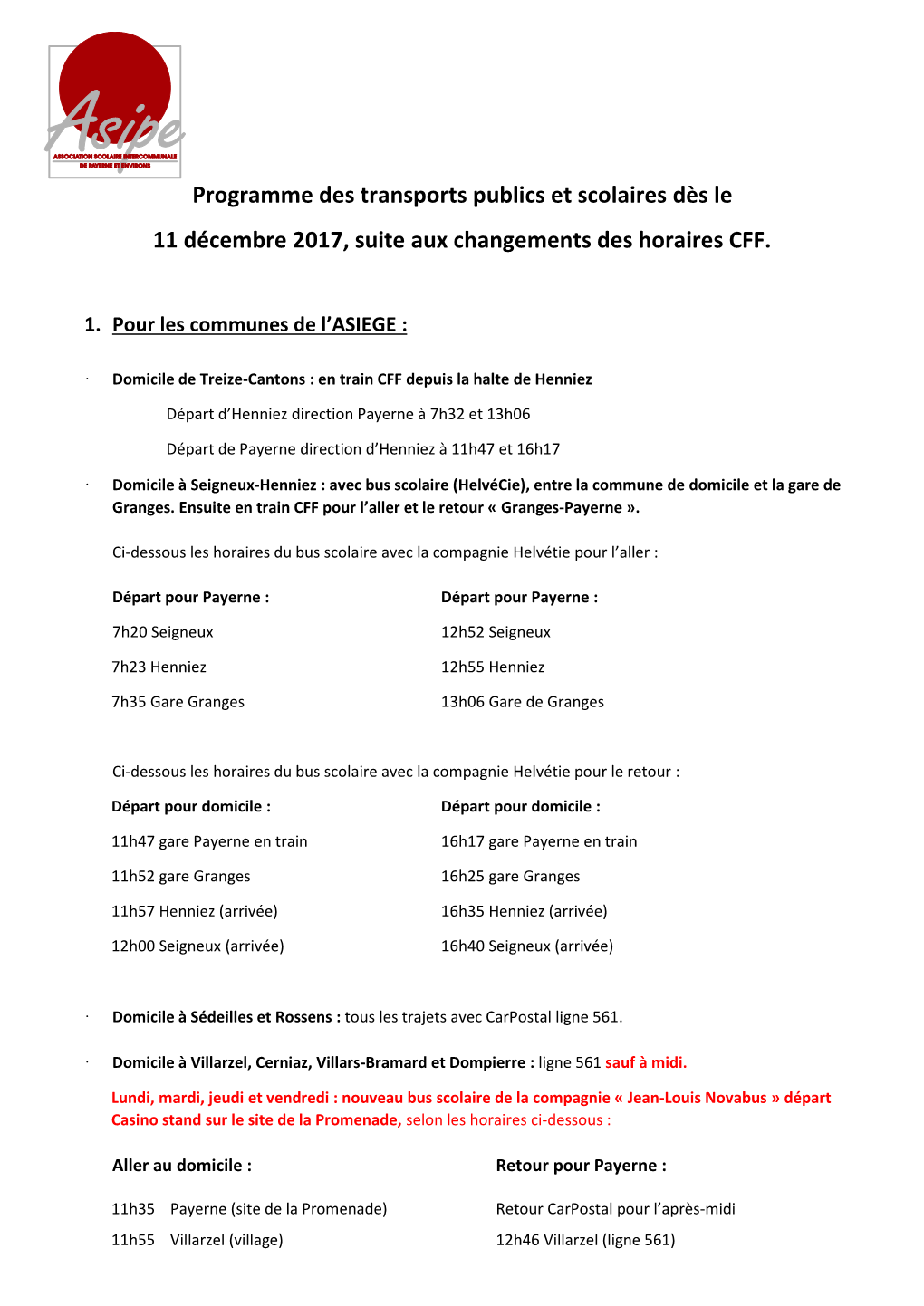 Programme Des Transports Publics Et Scolaires Dès Le 11 Décembre 2017, Suite Aux Changements Des Horaires CFF