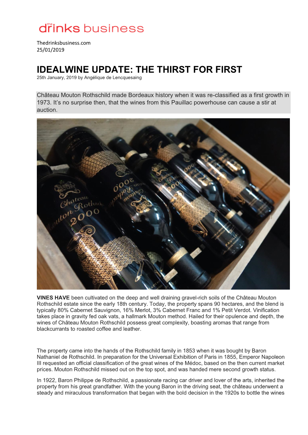 IDEALWINE UPDATE: the THIRST for FIRST 25Th January, 2019 by Angélique De Lencquesaing