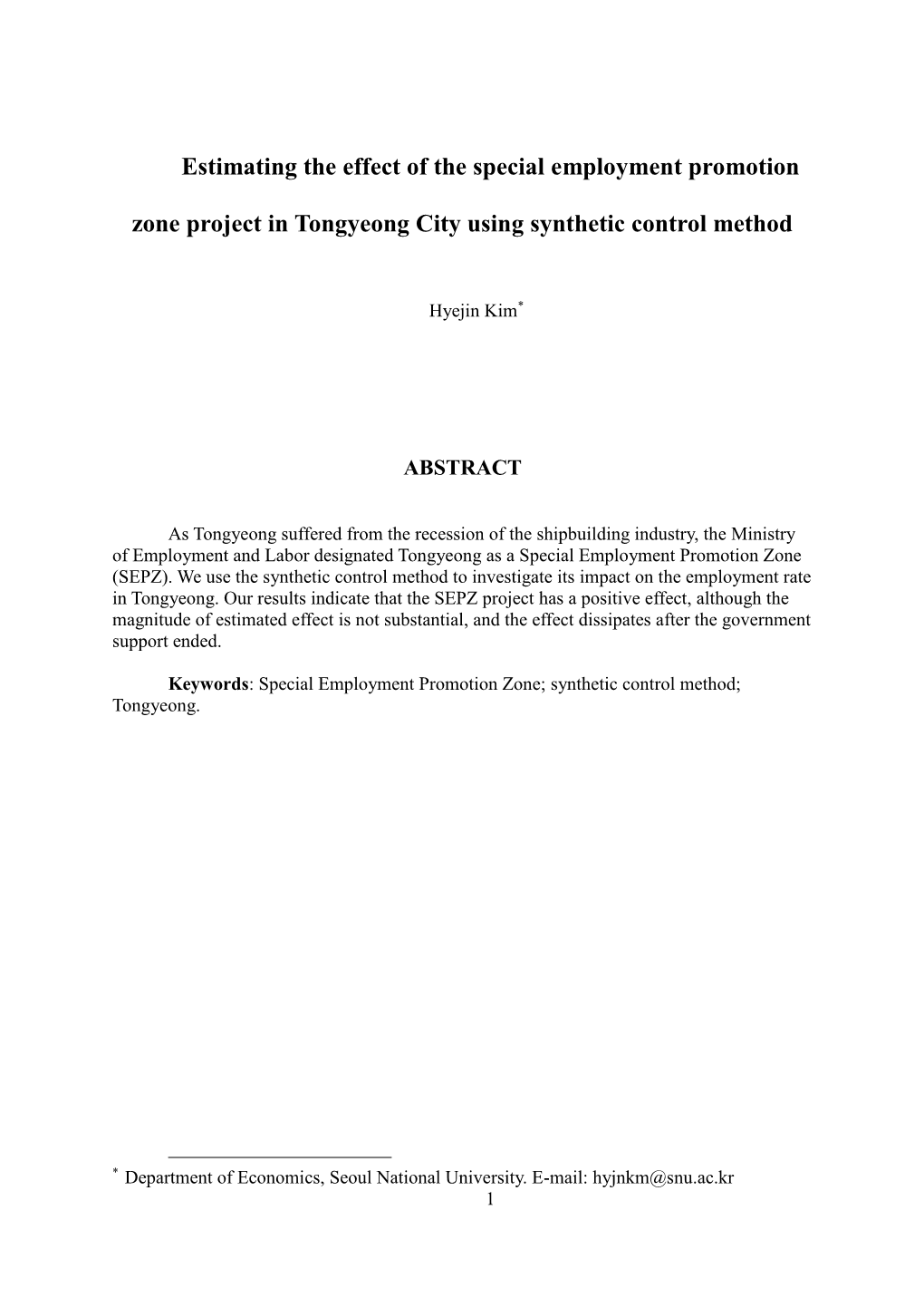 Estimating the Effect of the Special Employment Promotion Zone Project in Tongyeong City Using Synthetic Control Method