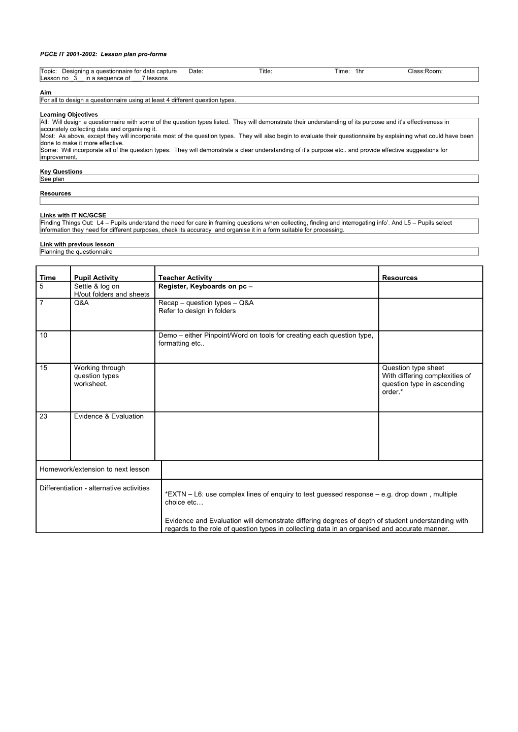 PGCE IT 1999-2000 - Lesson Plan Pro-Forma