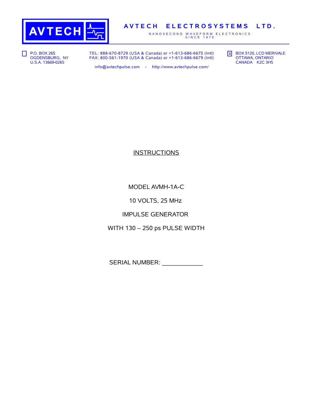 INSTRUCTIONS MODEL AVMH-1A-C 10 VOLTS, 25 Mhz IMPULSE