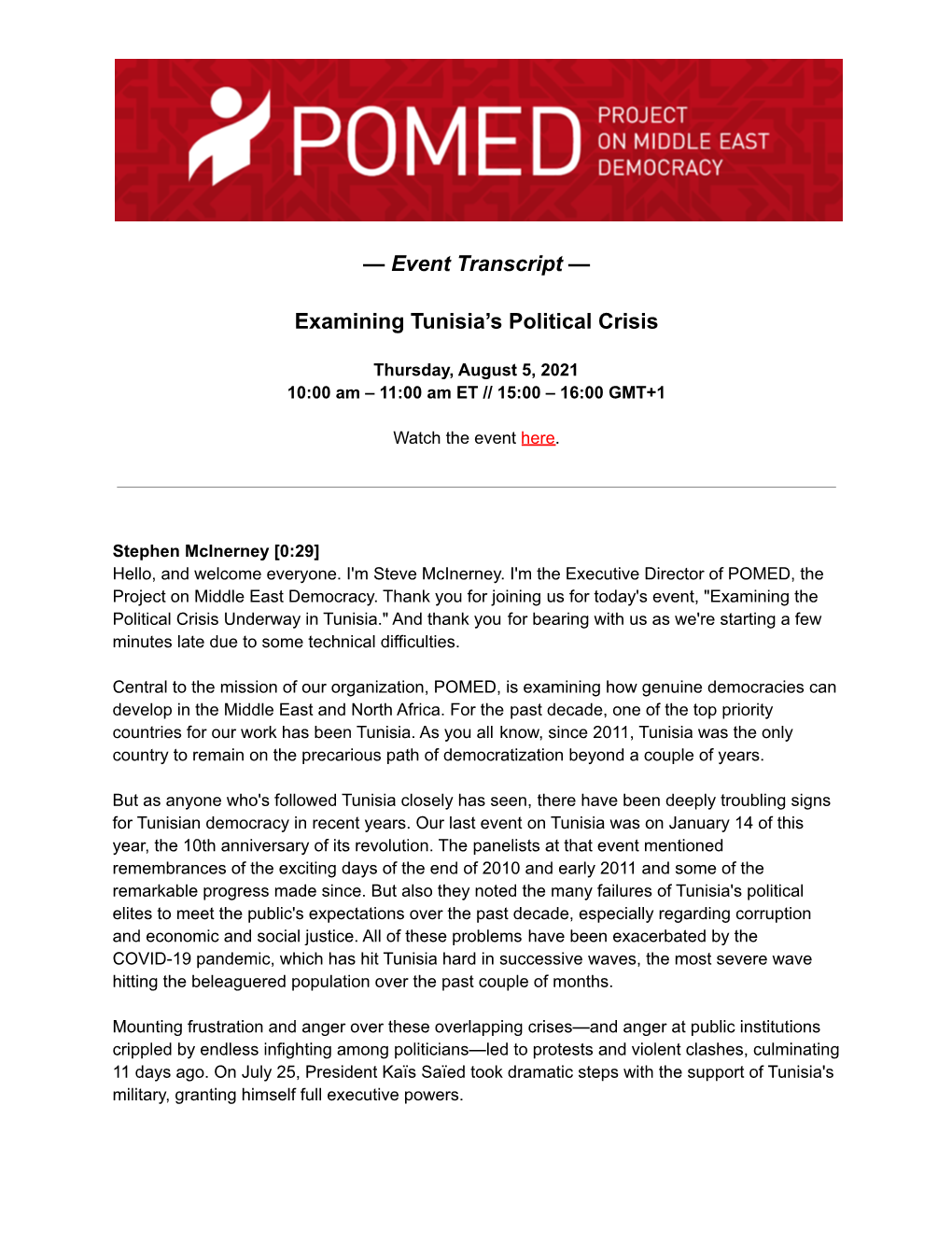 Event Transcript — Examining Tunisia's Political Crisis