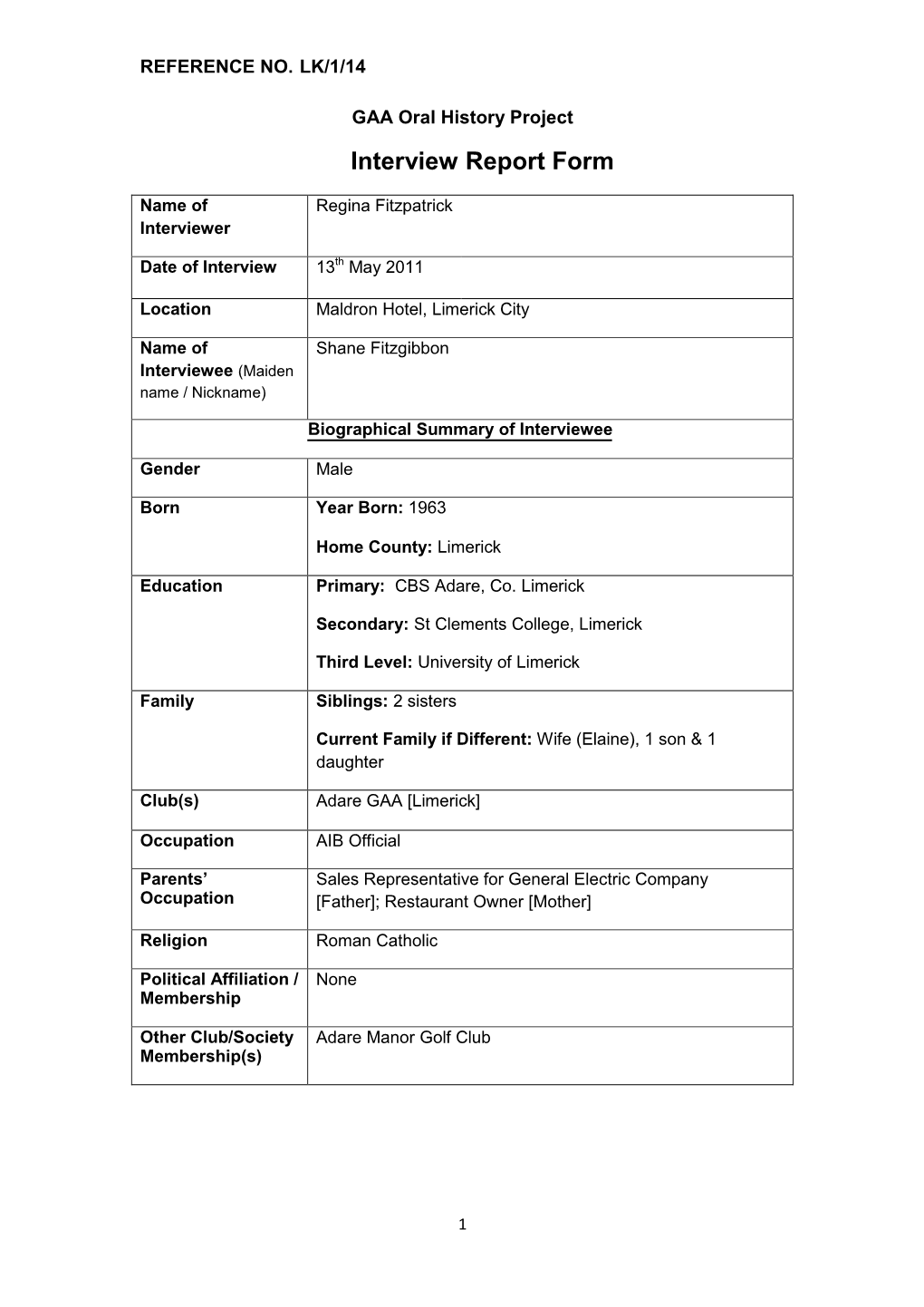 GAA Oral History Project Interview Report Form