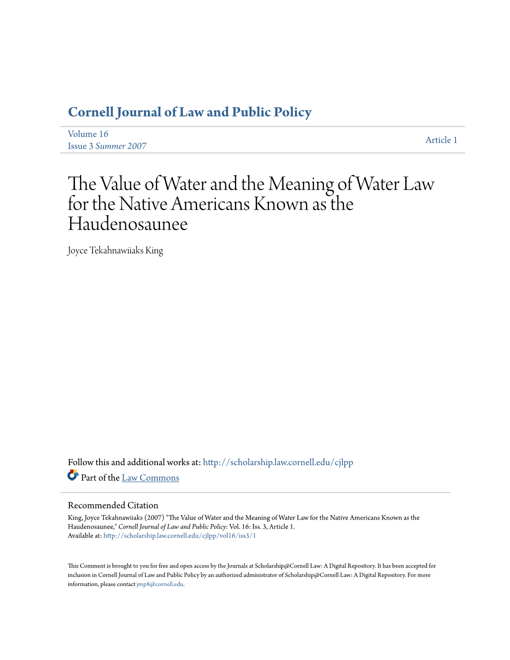 The Value of Water and the Meaning of Water Law for the Native Americans Known As the Haudenosaunee*