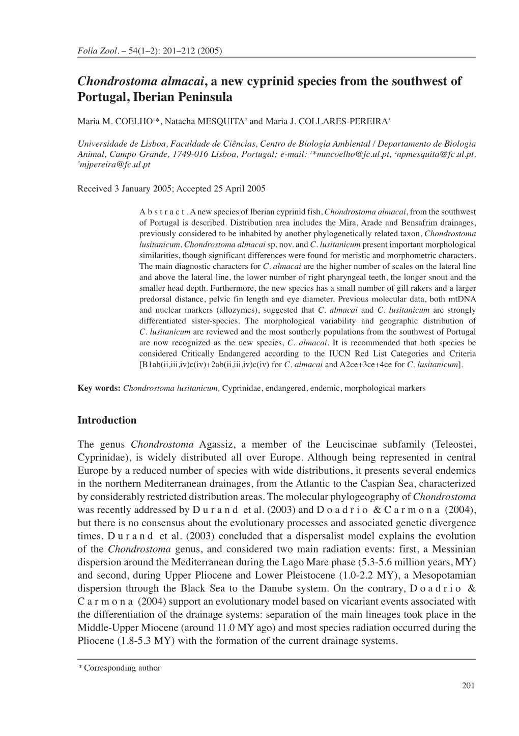 Chondrostoma Almacai, a New Cyprinid Species from the Southwest of Portugal, Iberian Peninsula