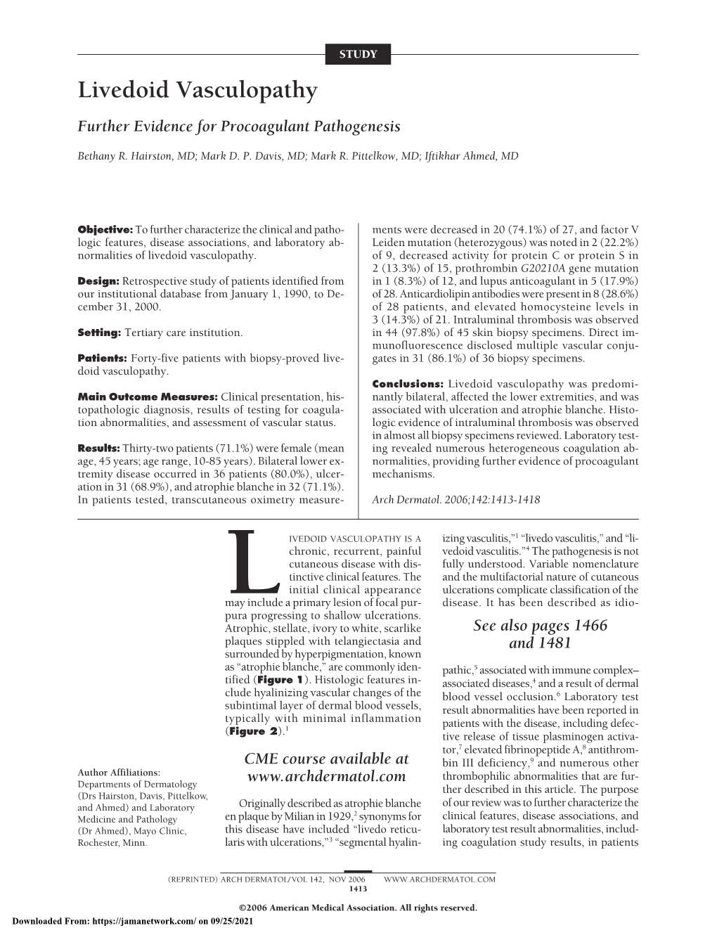 Livedoid Vasculopathy Further Evidence for Procoagulant Pathogenesis