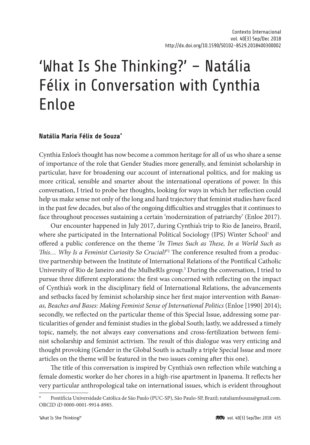 'What Is She Thinking?' – Natália Félix in Conversation with Cynthia Enloe