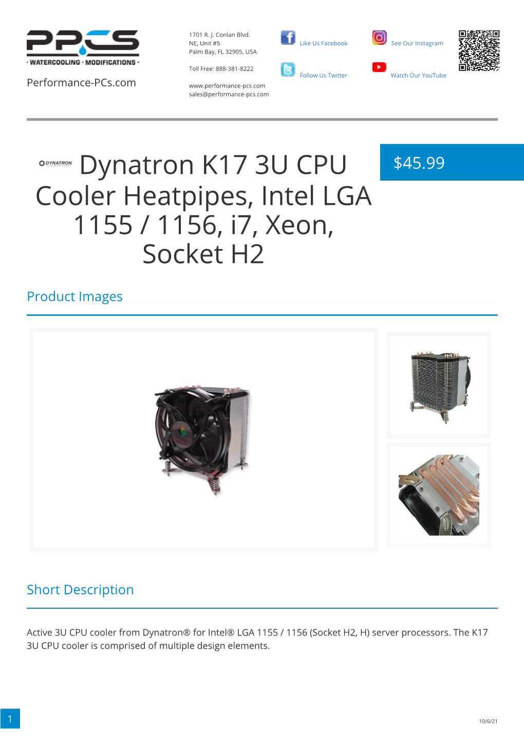 Dynatron K17 3U CPU Cooler Heatpipes, Intel LGA 1155 / 1156
