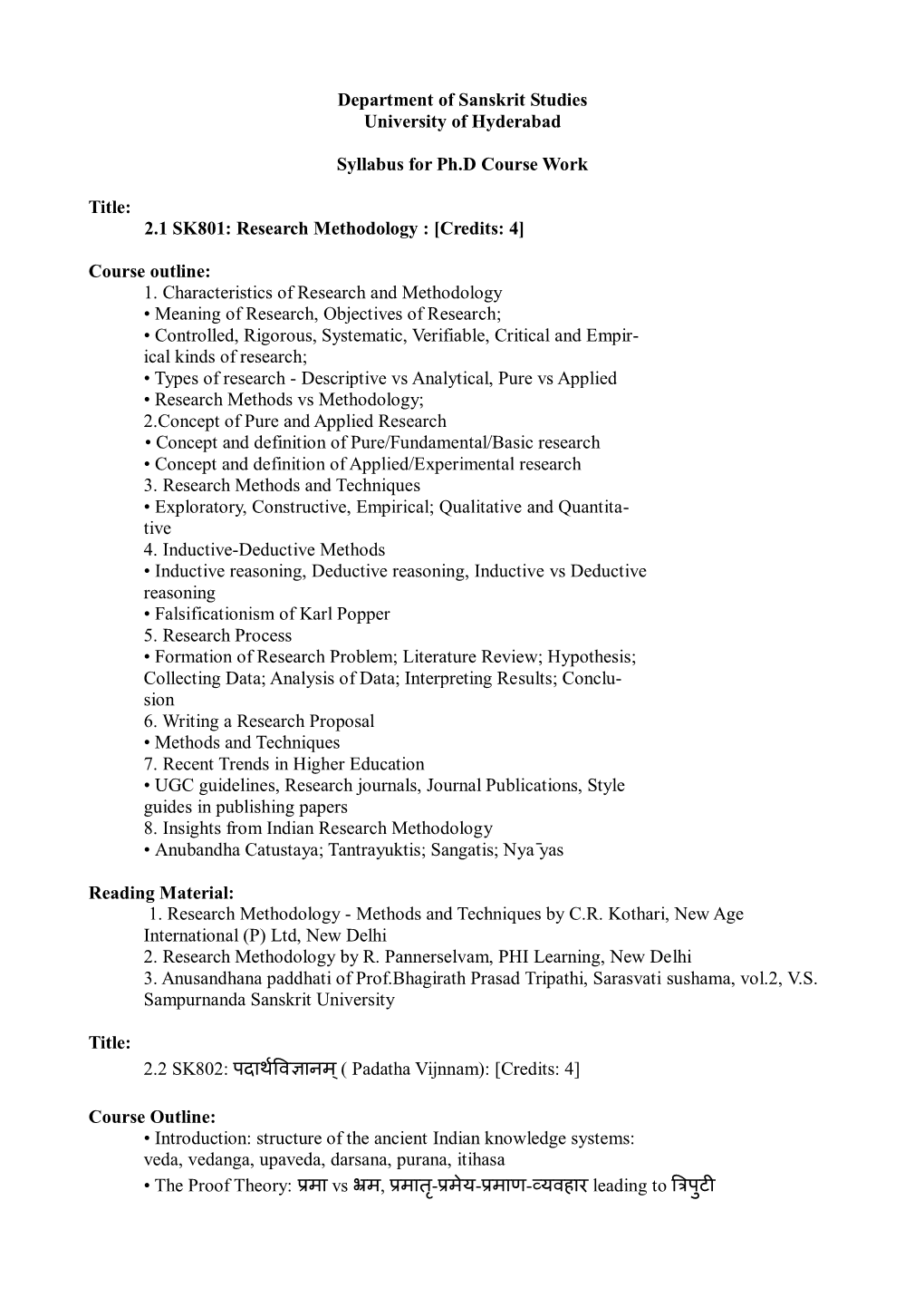 Department of Sanskrit Studies University of Hyderabad Syllabus