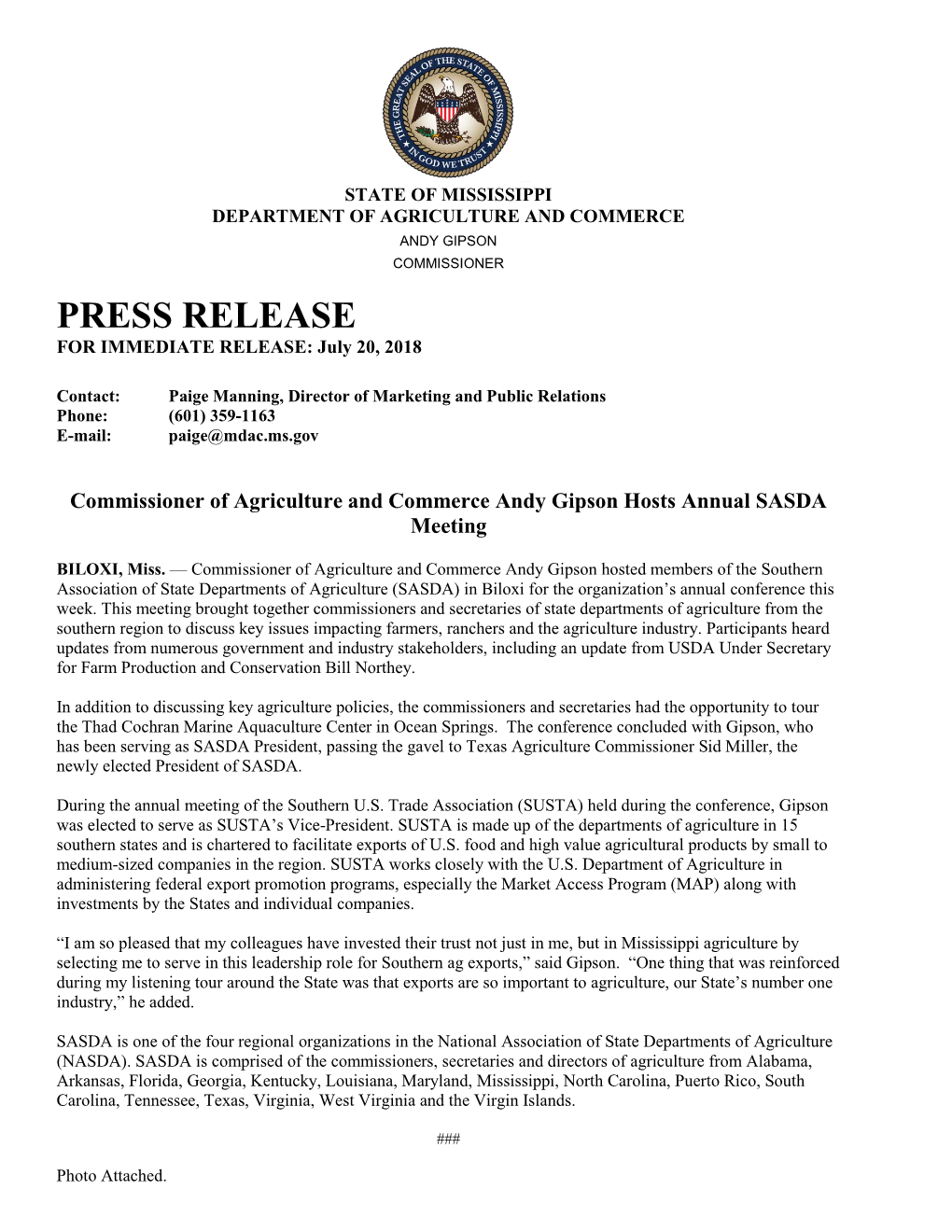 PRESS RELEASE for IMMEDIATE RELEASE: July 20, 2018