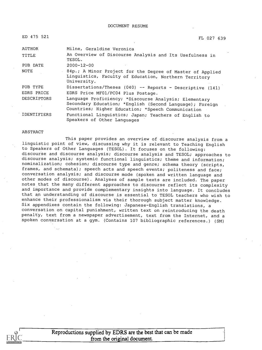 An Overview of Discourse Analysis and Its Usefulness in TESOL