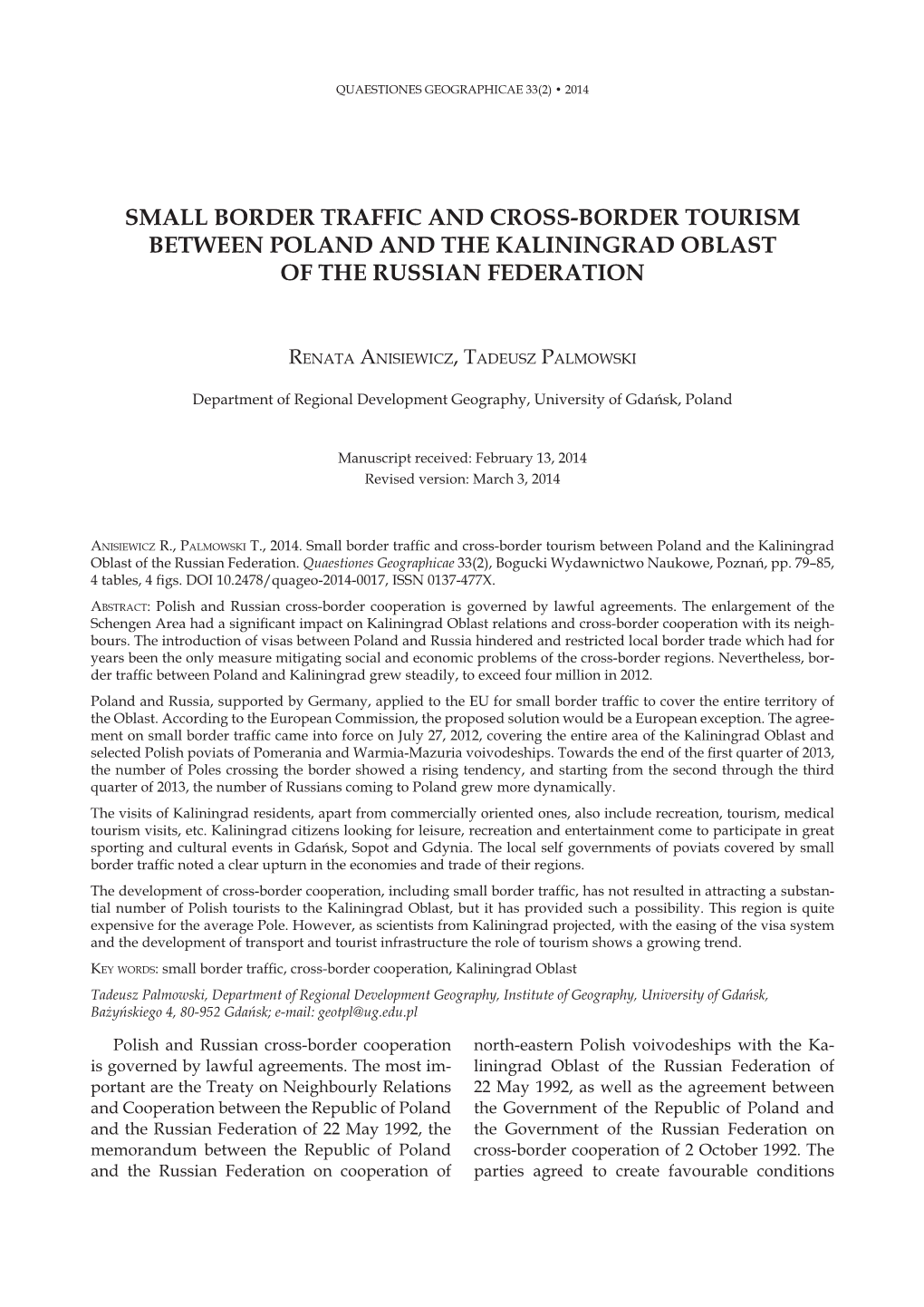 Small Border Traffic and Cross-Border Tourism Between Poland and the Kaliningrad Oblast of the Russian Federation