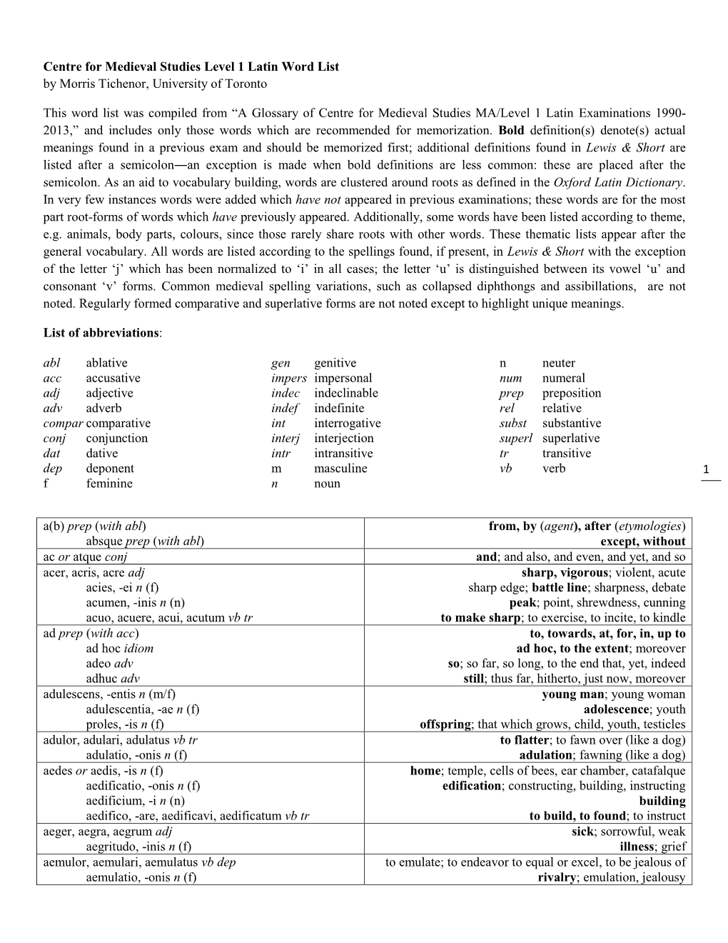 Level 1 Latin Word List by Morris Tichenor, University of Toronto