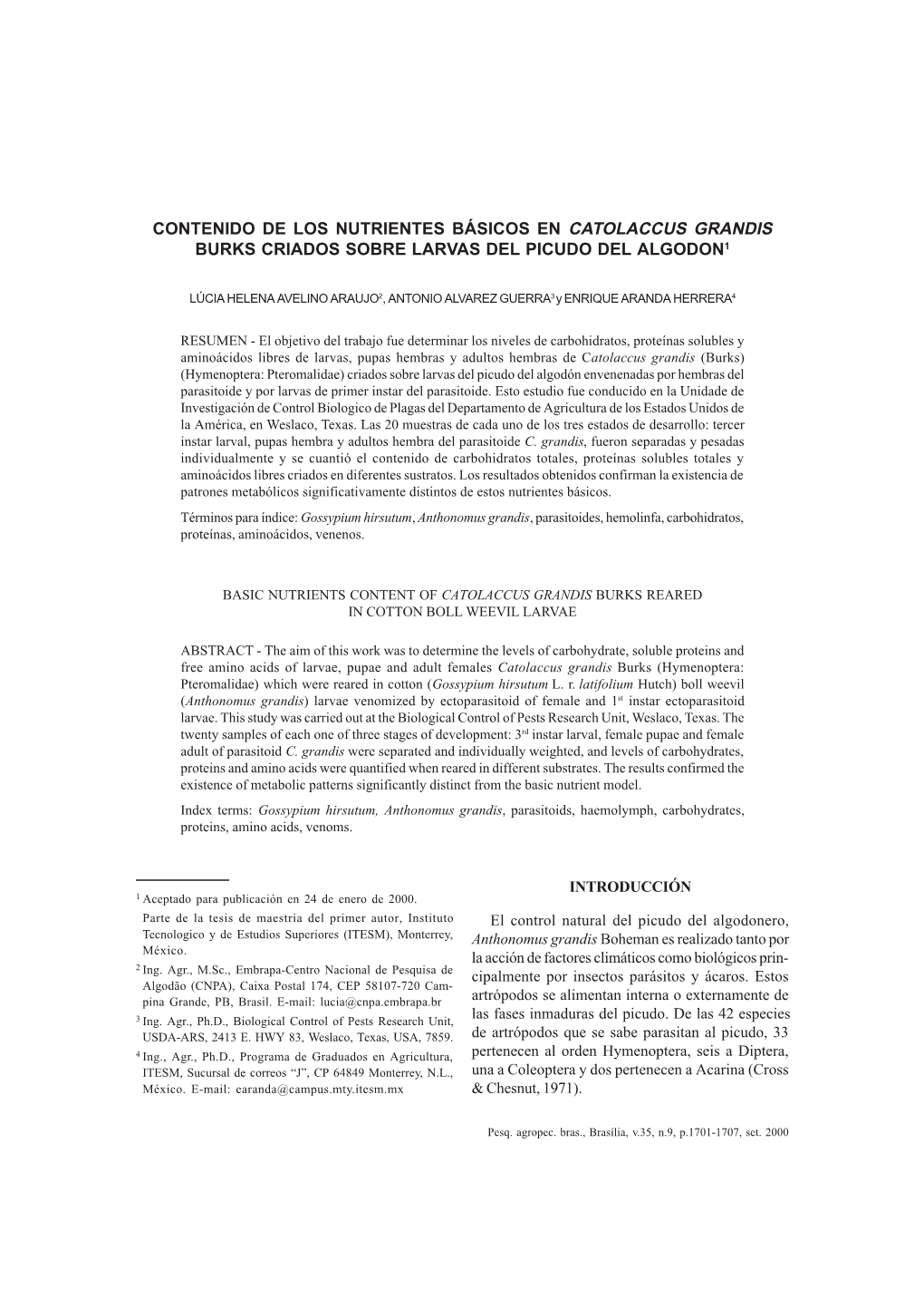 Contenido De Los Nutrientes Básicos En Catolaccus Grandis Burks Criados Sobre Larvas Del Picudo Del Algodon1