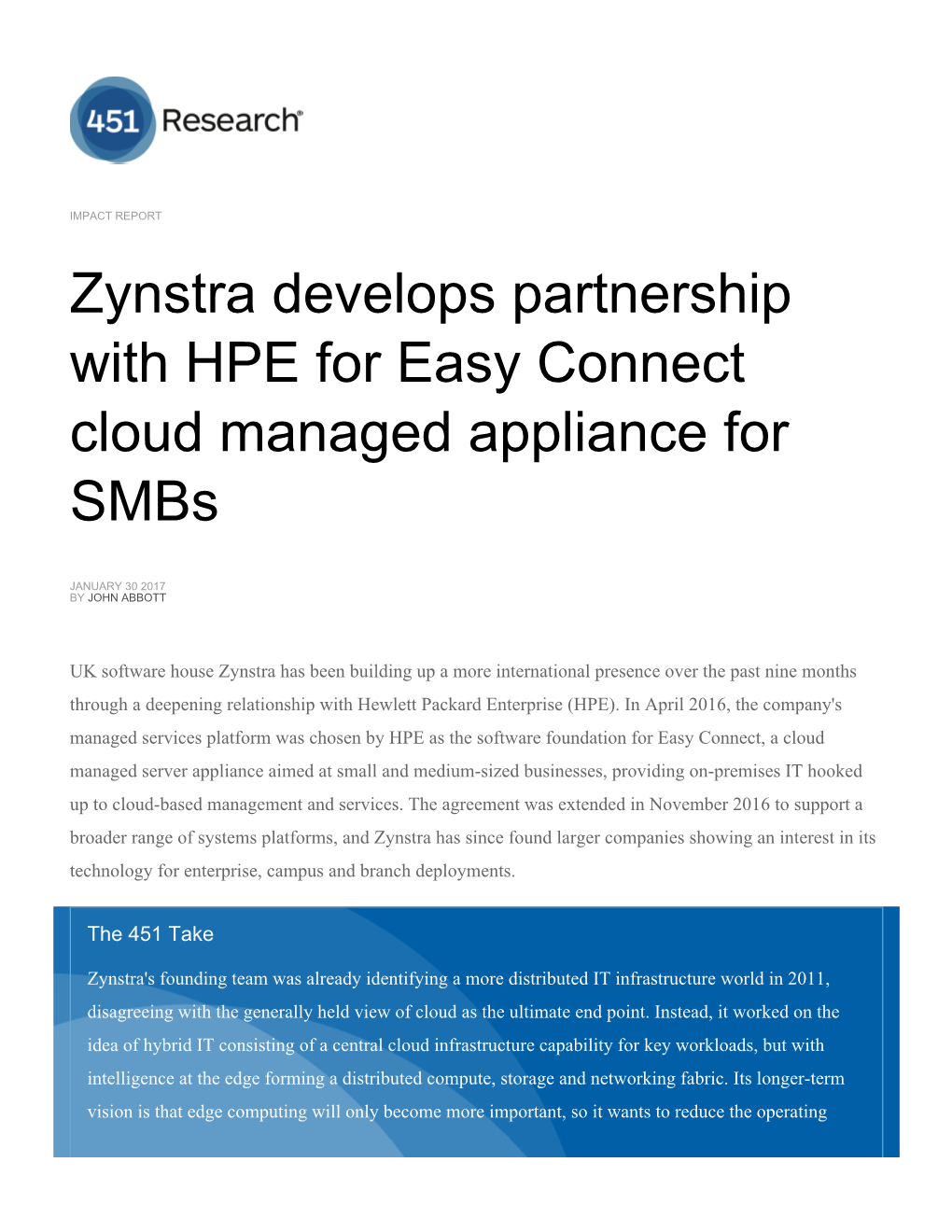 Zynstra Develops Partnership with HPE for Easy Connect Cloud Managed Appliance for Smbs