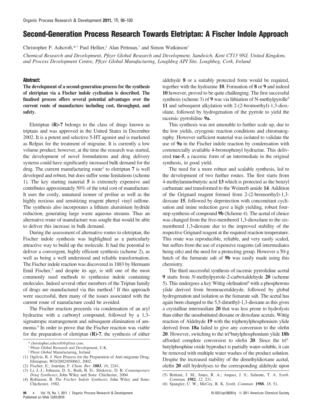 Second-Generation Process Research Towards Eletriptan: a Fischer Indole Approach