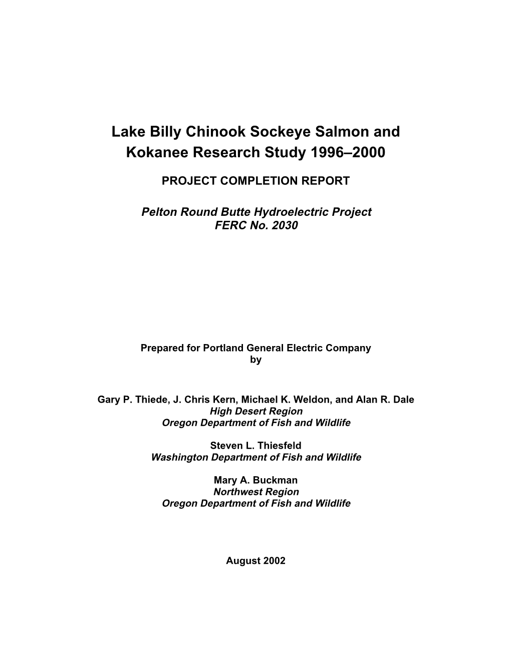 Lake Billy Chinook Sockeye Salmon and Kokanee Research Study 1996–2000