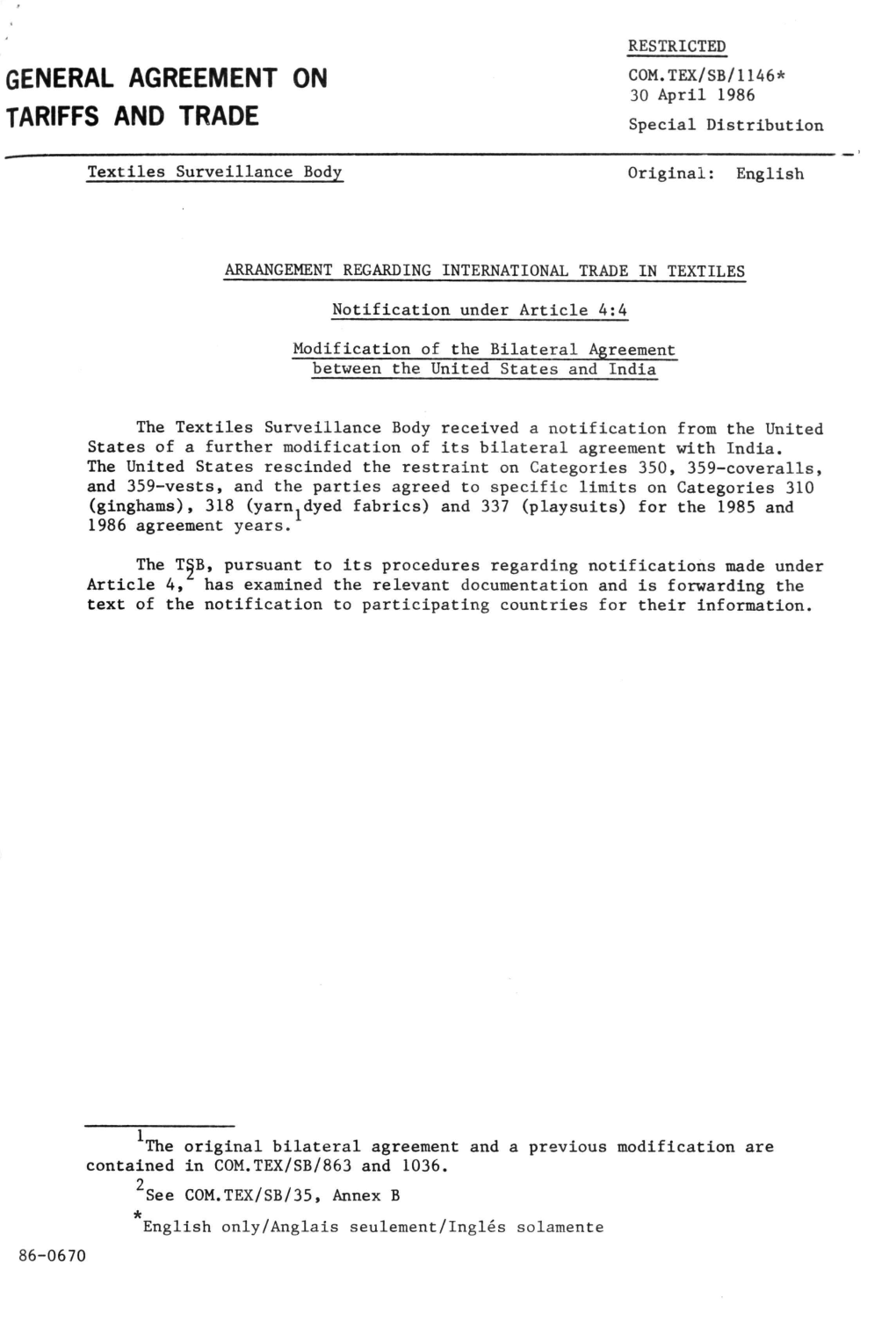 GENERAL AGREEMENT on COM.TEX/SB/IUÔ* 30 April 1986 TARIFFS and TRADE Special Distribution