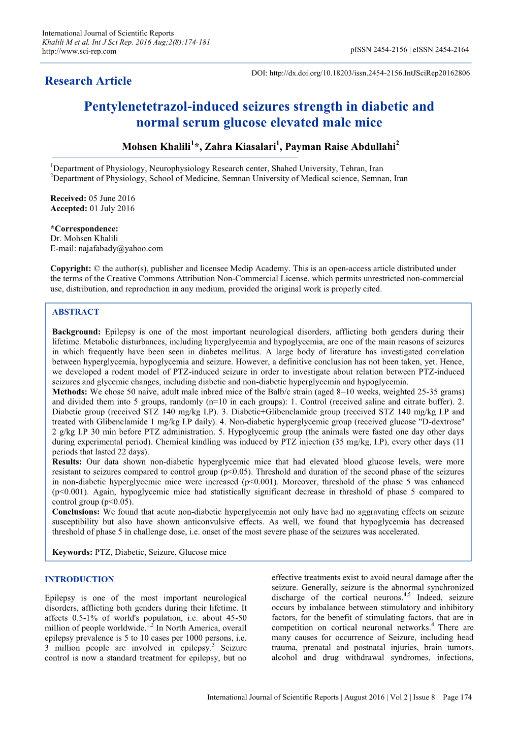 Pentylenetetrazol-Induced Seizures Strength in Diabetic and Normal Serum Glucose Elevated Male Mice