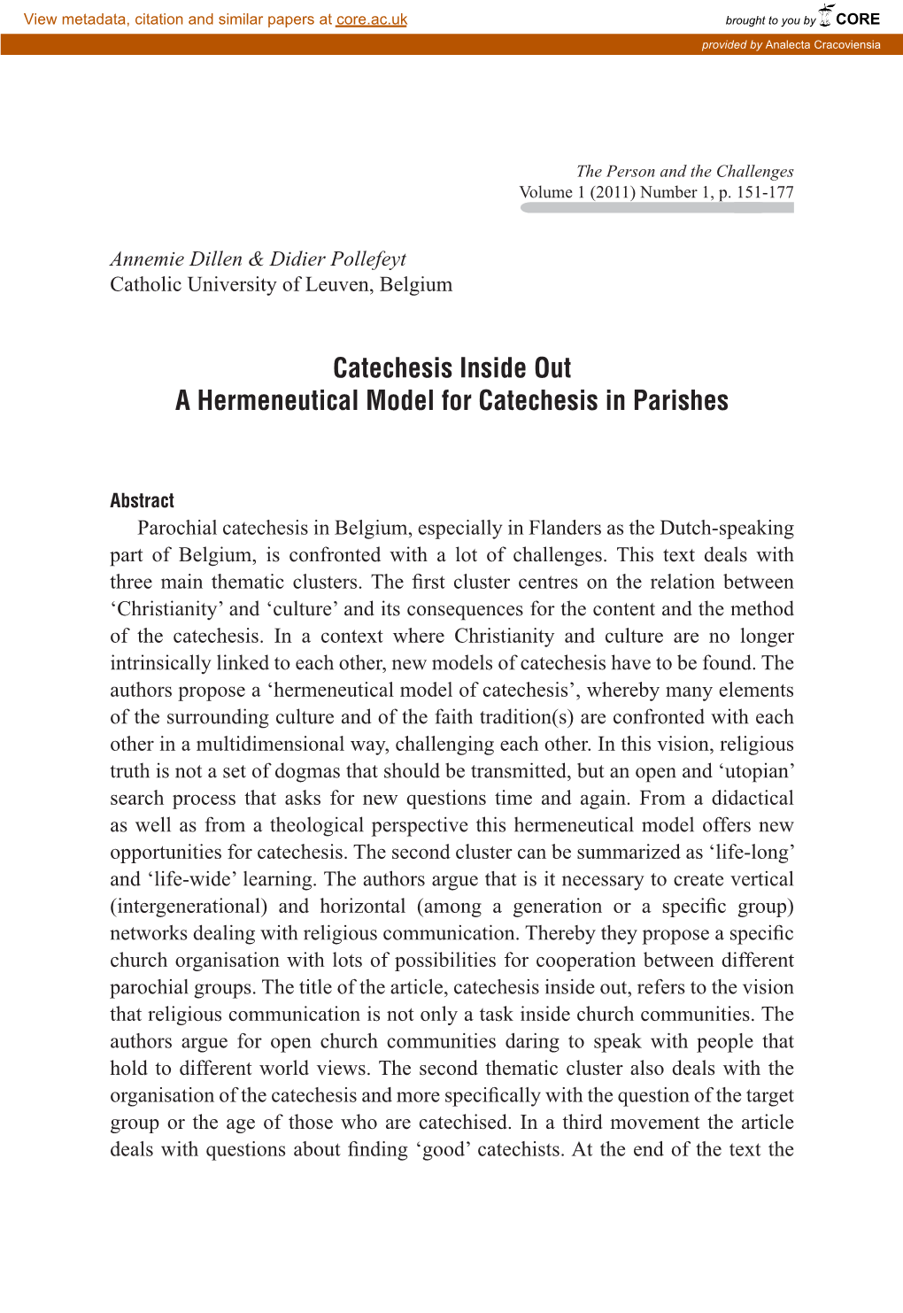 Catechesis Inside out a Hermeneutical Model for Catechesis in Parishes