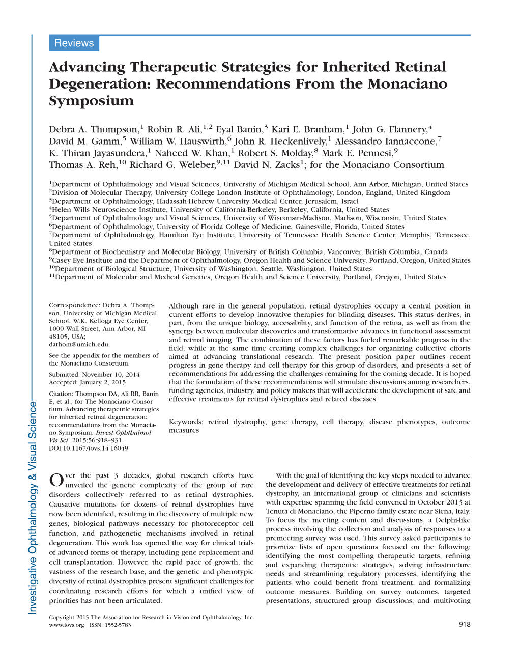 Advancing Therapeutic Strategies for Inherited Retinal Degeneration: Recommendations from the Monaciano Symposium