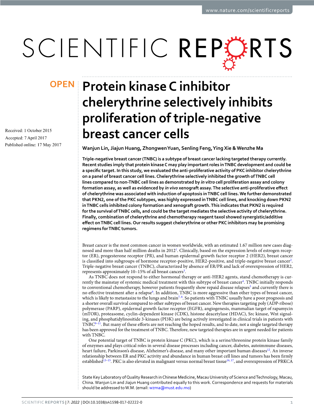 Protein Kinase C Inhibitor Chelerythrine Selectively Inhibits