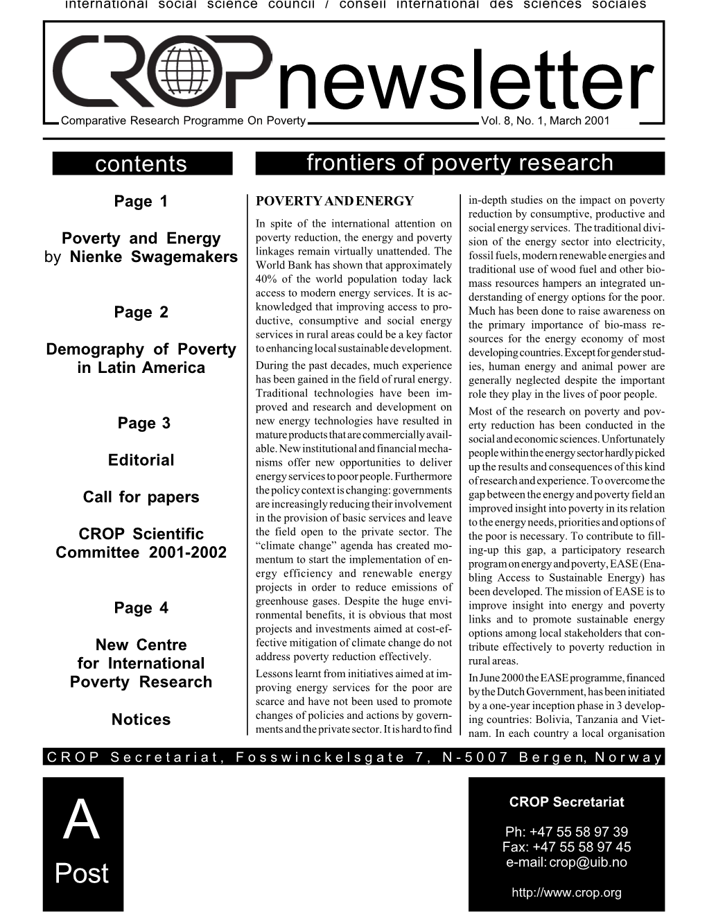 CROP Newsletter Vol.8, No.1, March 2001