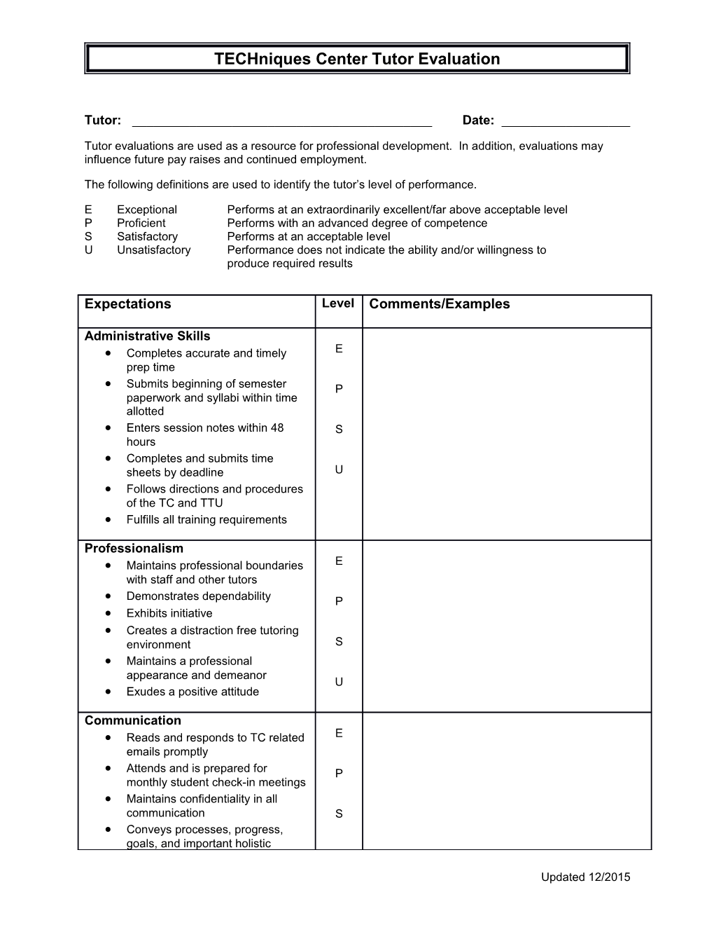 Techniques Center Tutor Evaluation