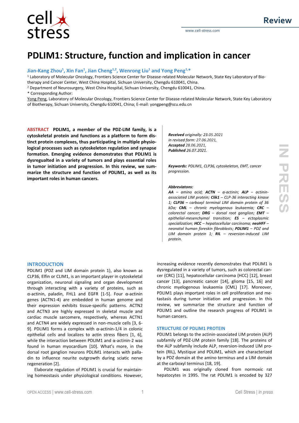 PDLIM1: Structure, Function and Implication in Cancer